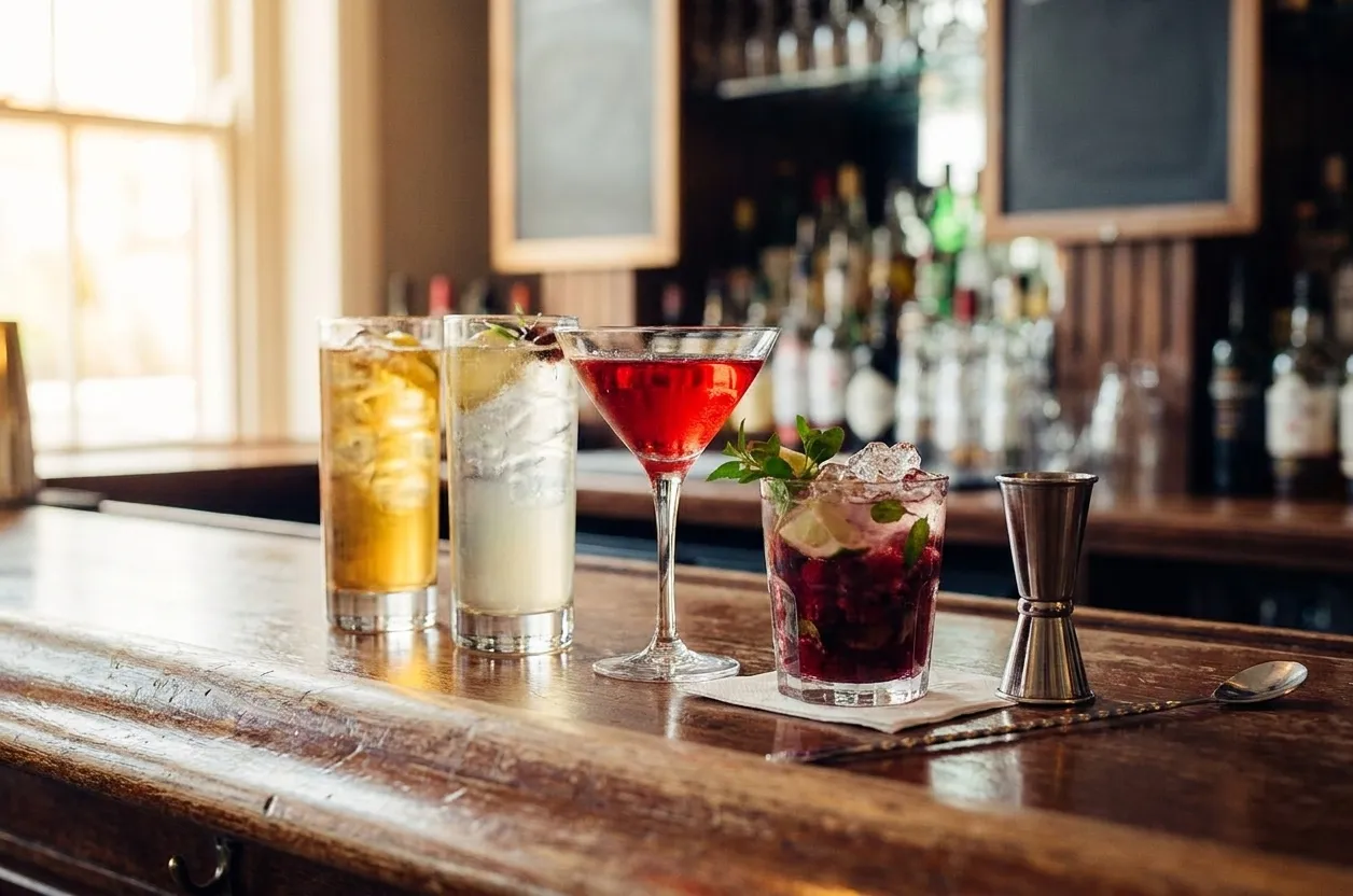 A row of finished cocktails lined along a bar rail at five in the afternoon with a jigger and bar spoon beside and backlit bottles behind