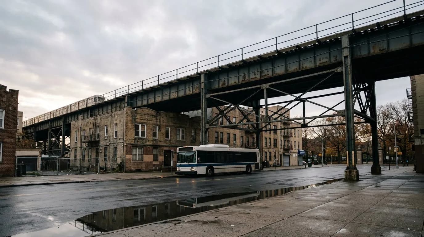 Elevated subway tracks over a Queens street near the Forest Park entrance