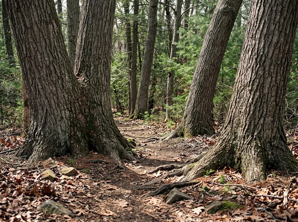 Dirt hiking trail winding through old oak trees in Forest Park