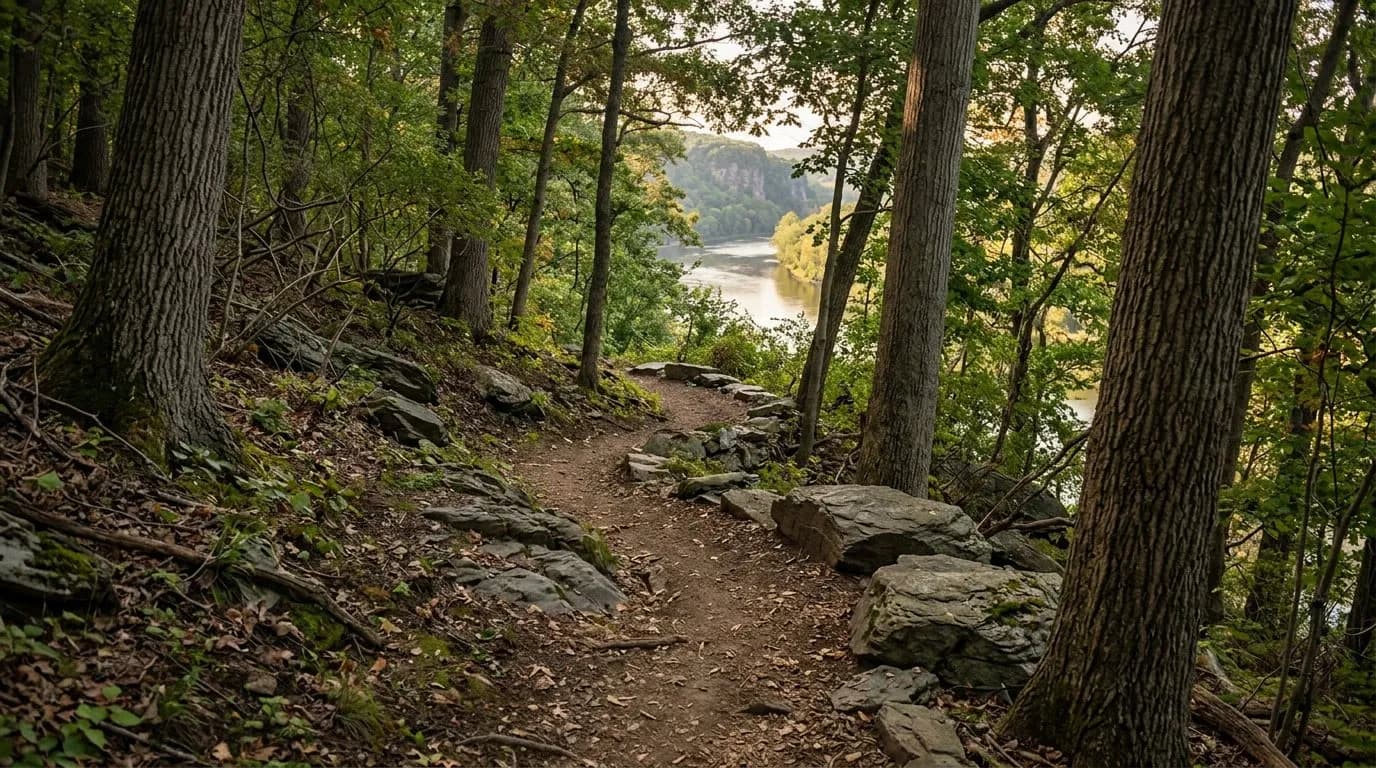 Wooded hillside trail with rock outcroppings and a river view through the trees