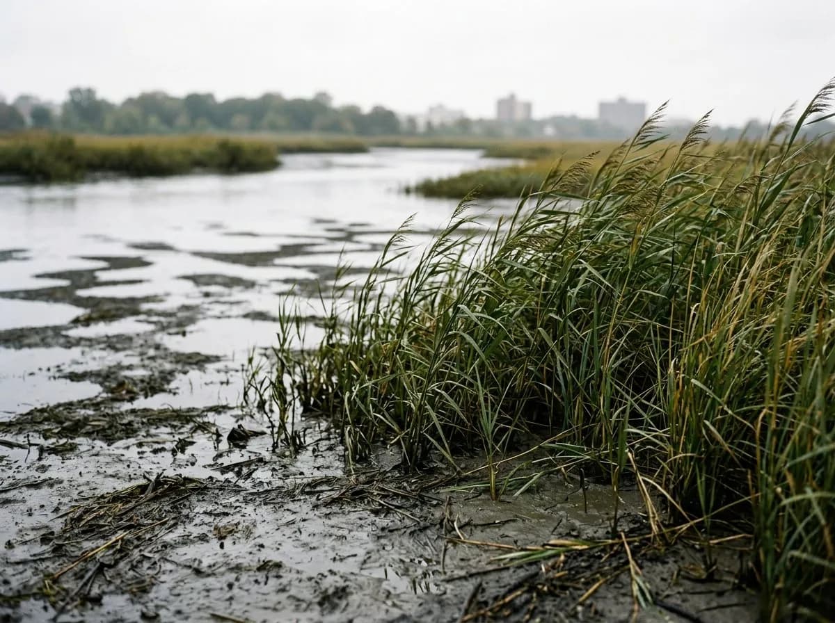 Close view of reeds and brackish water at the edge of a tidal salt marsh