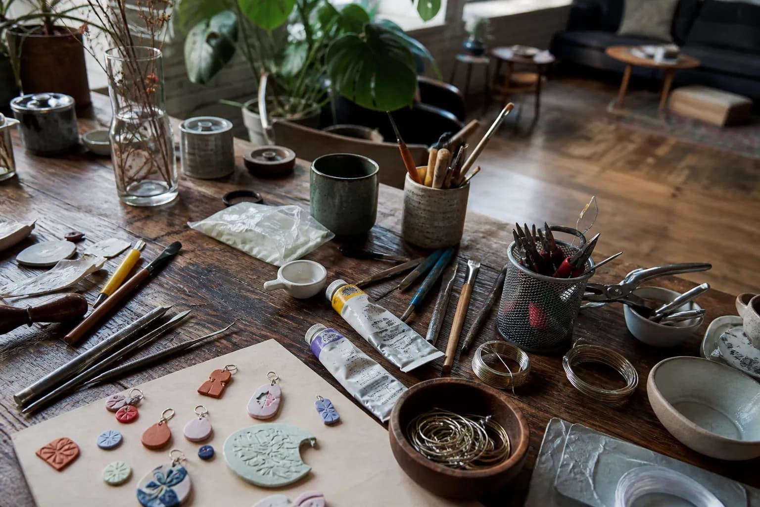 Close-up of a crafting table in a bright Brooklyn loft filled with art supplies.