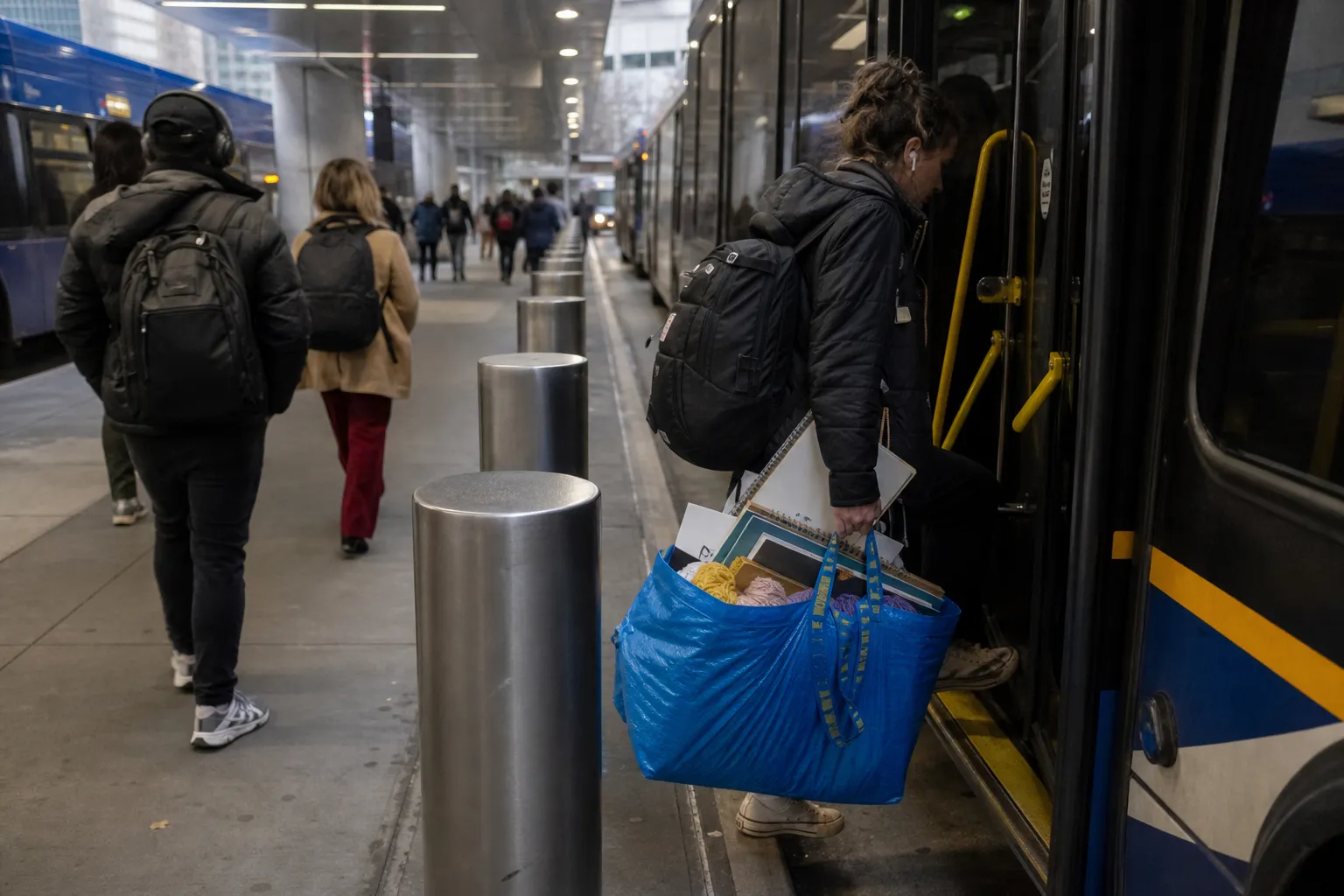 A commuter boarding a bus at Port Authority carrying craft supplies in a blue reusable bag.