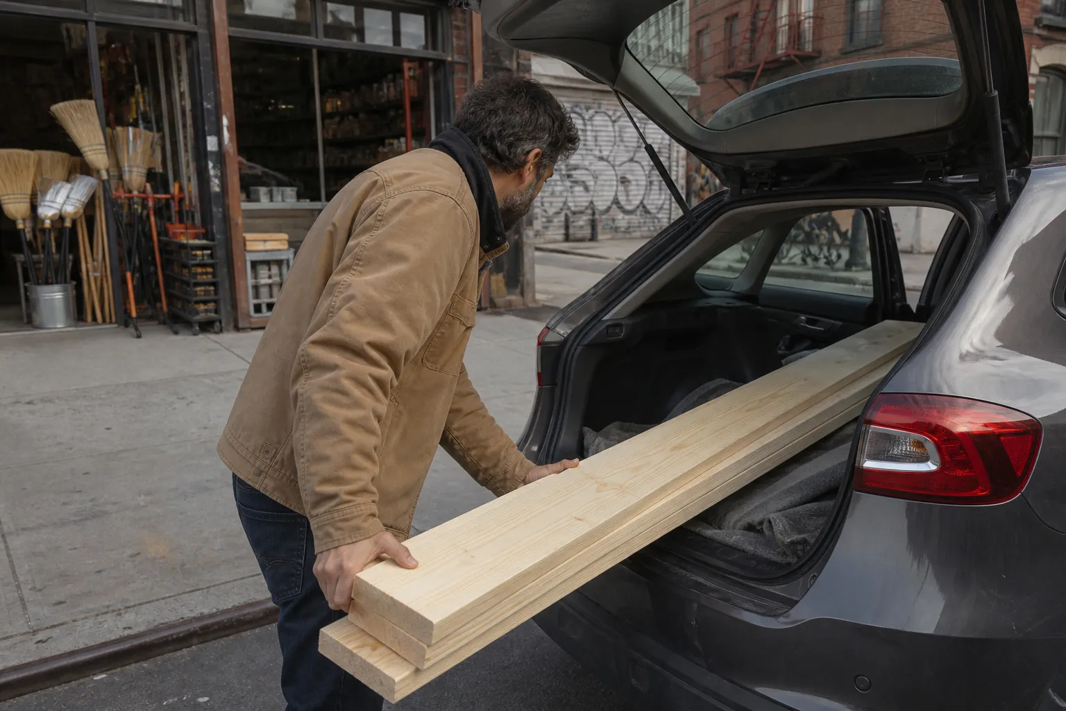 A person loading wooden boards into the trunk of a car parked along a city street in Brooklyn.