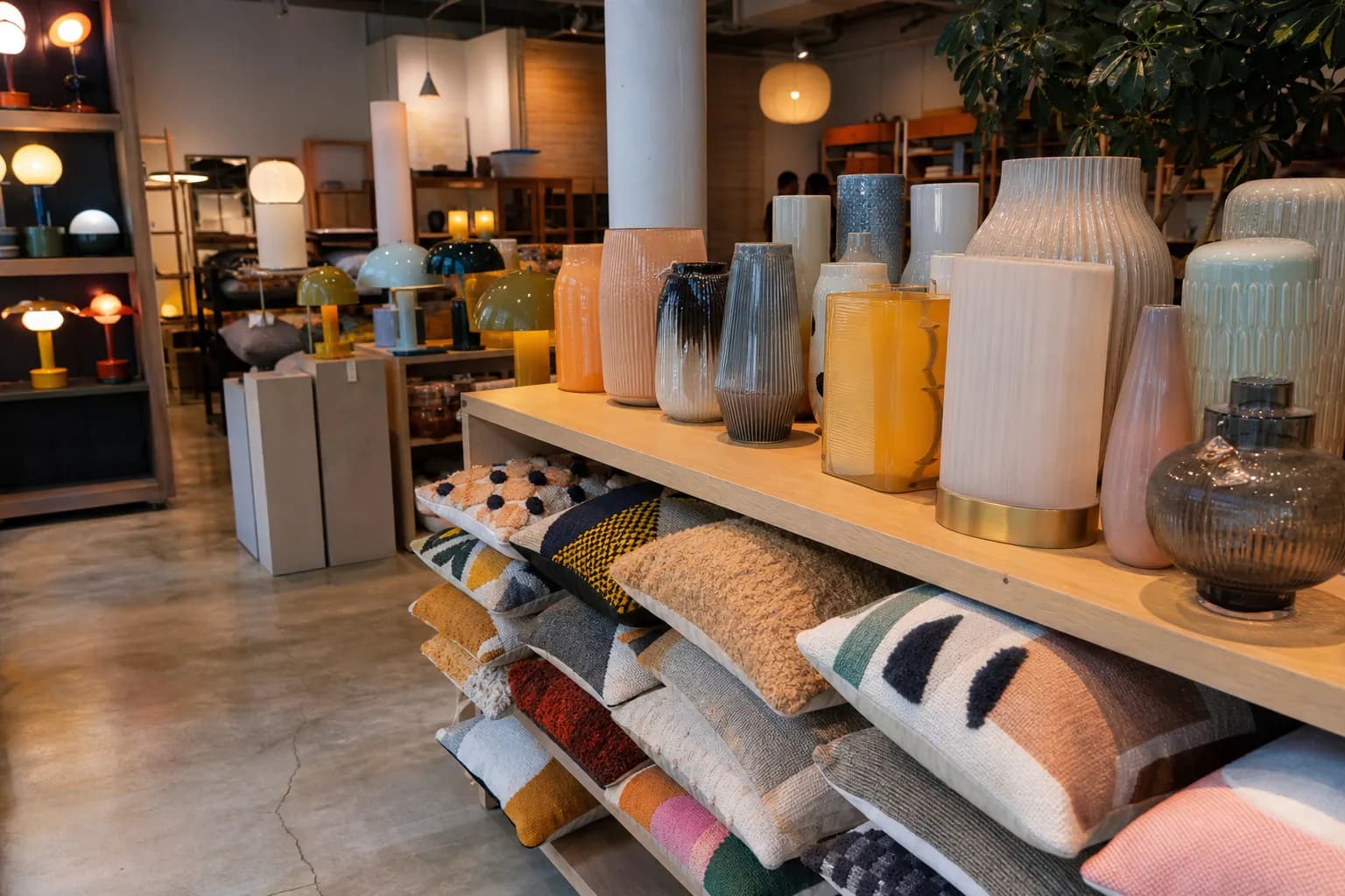 The bustling interior home decor section of a retail store in Chelsea, NYC, showcasing colorful ceramic vases and modern table lamps.