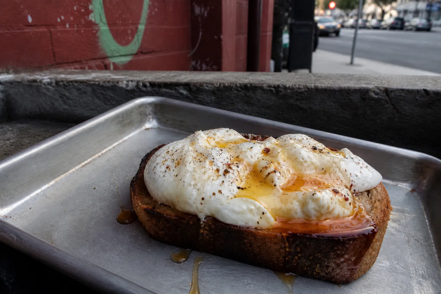 A close-up shot of a freshly baked Burrata slice with hot honey on a metal tray on a Williamsburg sidewalk ledge