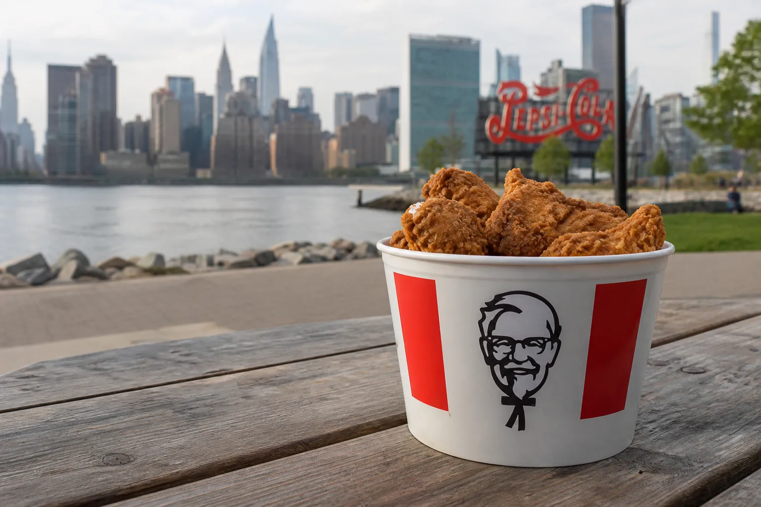 A golden-brown bucket of KFC fried chicken sits on a table in Queens, NYC, surrounded by sides of biscuits and coleslaw.