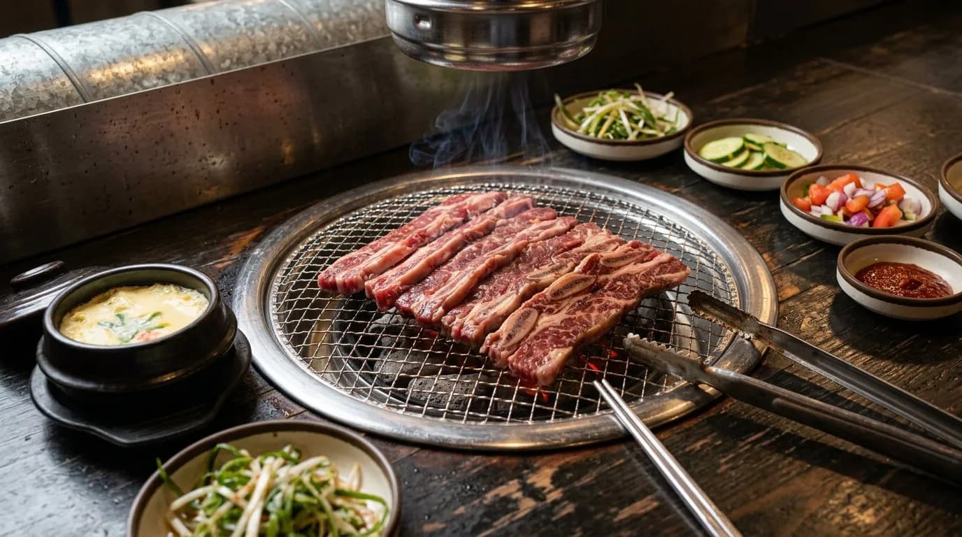 Marinated short rib grilling on a tabletop Korean BBQ grill with banchan nearby