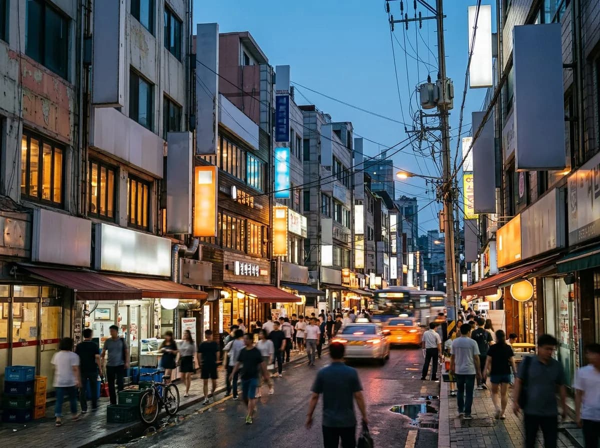 Dusk view of a crowded Koreatown street lined with stacked restaurant storefronts