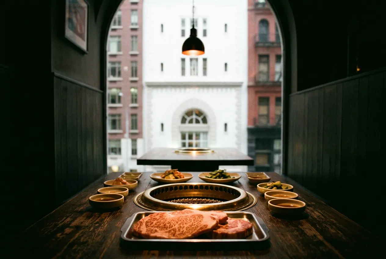 Close-up of marbled beef cuts arranged on a metal tray beside a tabletop grill in a dim New York dining room