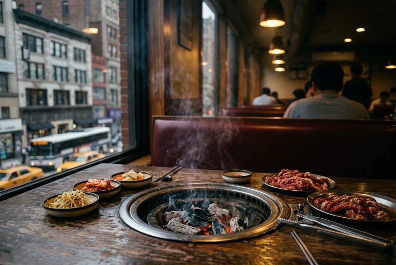 A row of tabletop grills glowing with charcoal smoke in a large dim dining room, steam rising above metal plates.