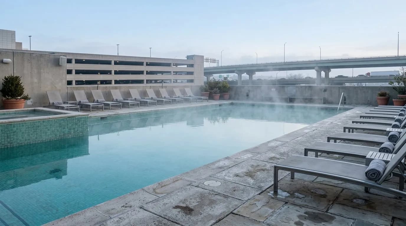 Wide view of a quiet outdoor rooftop pool deck at a Queens Korean spa in early morning light