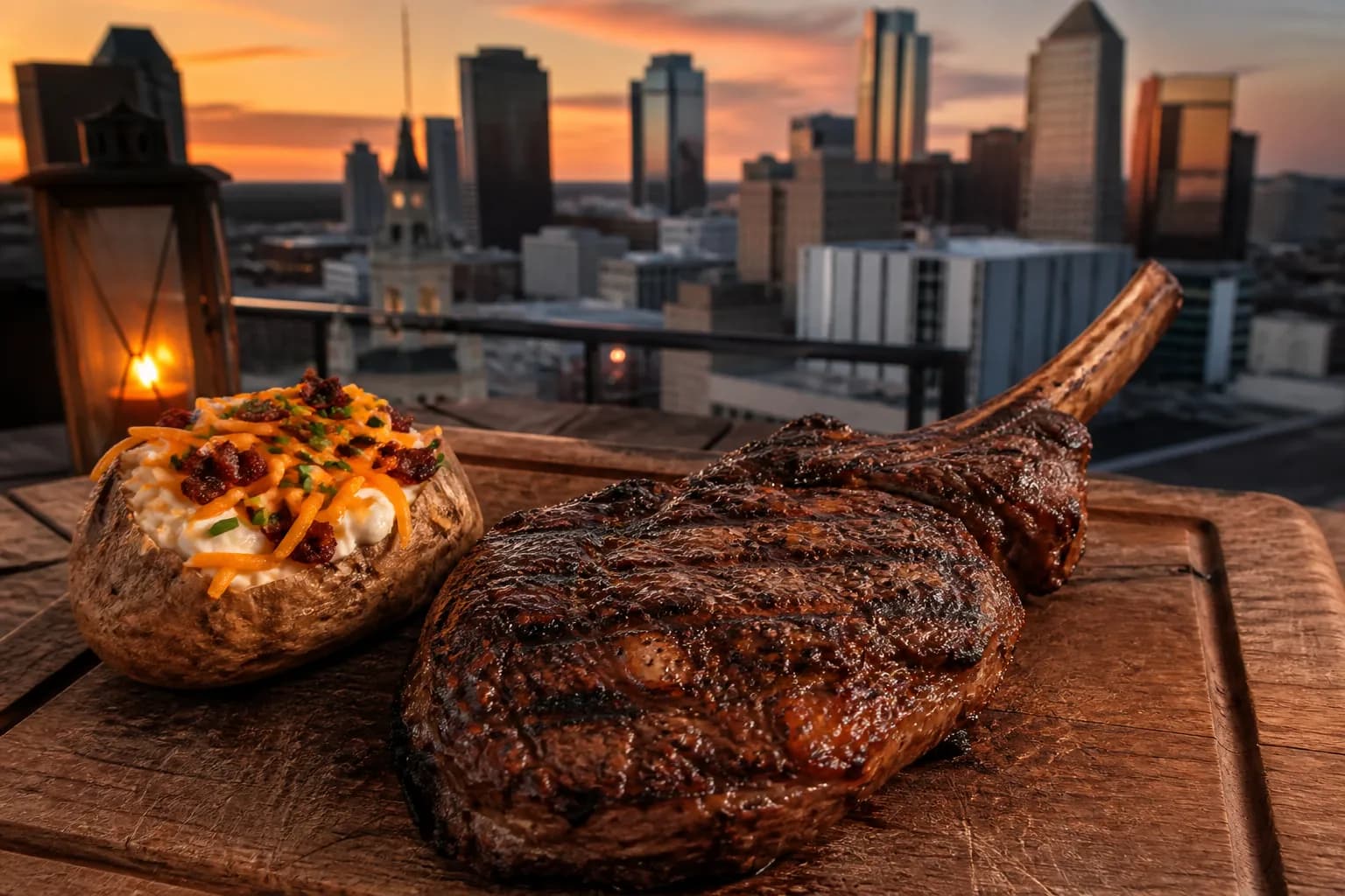 A perfectly grilled bone-in ribeye steak sits on a rustic wooden platter with grill marks glowing under warm restaurant lighting, next to a classic loaded baked potato.