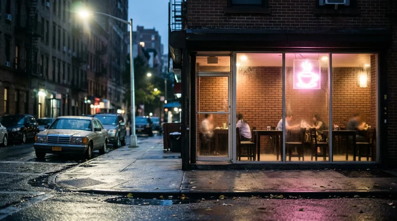 Small Nolita storefront glowing at night with warm interior light on a quiet street
