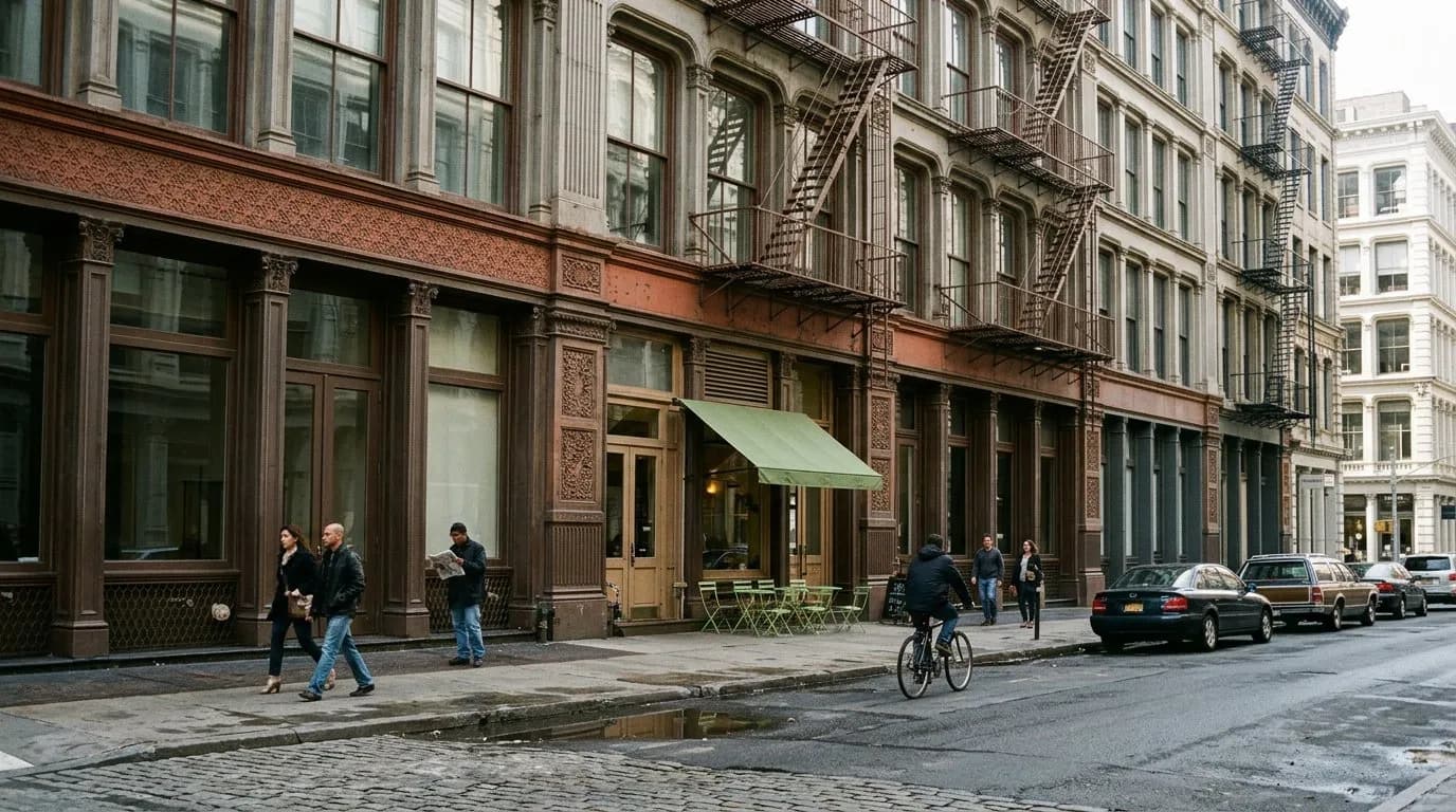 SoHo street with cast-iron buildings and a small café storefront with outdoor seating