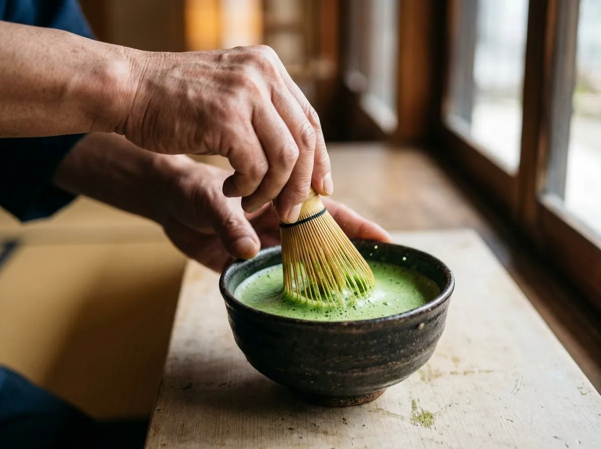 Close-up of a bamboo whisk mixing bright green matcha in a ceramic bowl