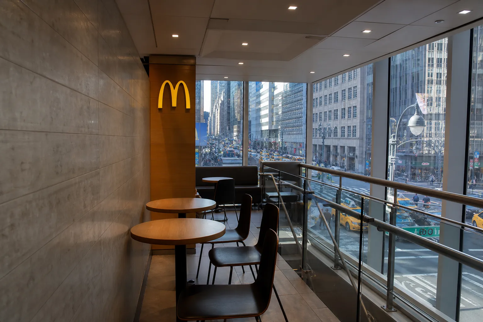 Quiet second-floor dining mezzanine in a Midtown Manhattan McDonald's overlooking the street.