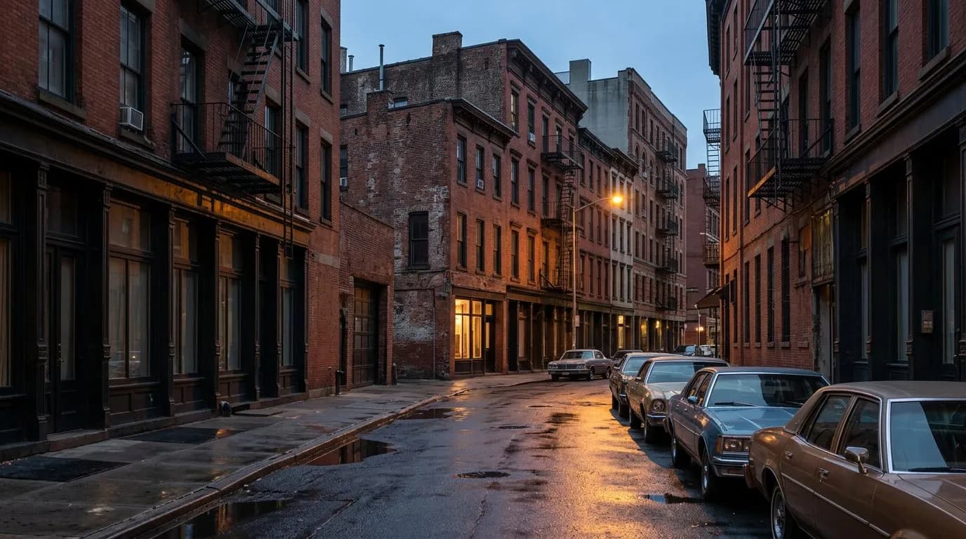 Low brick buildings on a narrow downtown Manhattan street at dusk with a lit bar storefront