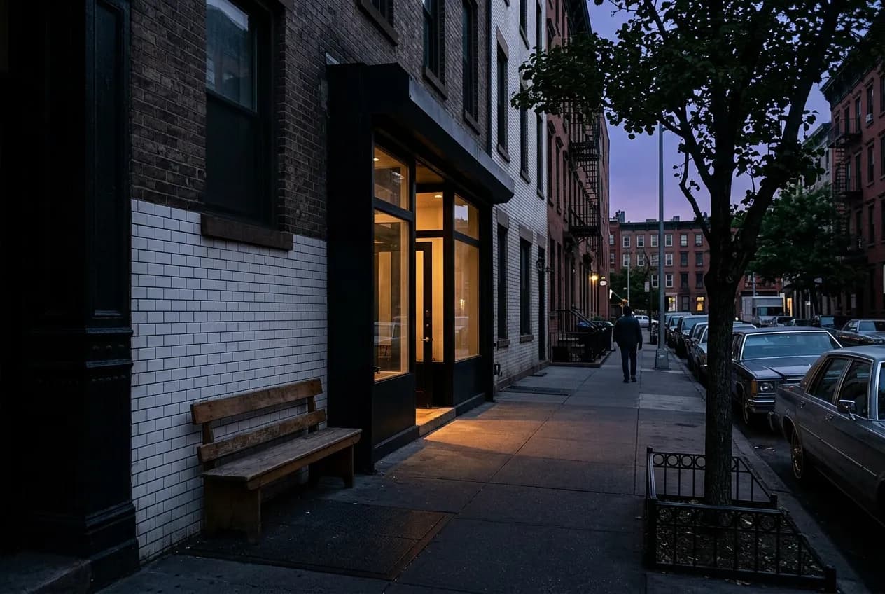 White-tiled and brick exterior along a Cobble Hill street with a black facade and street-level bench, evening light.