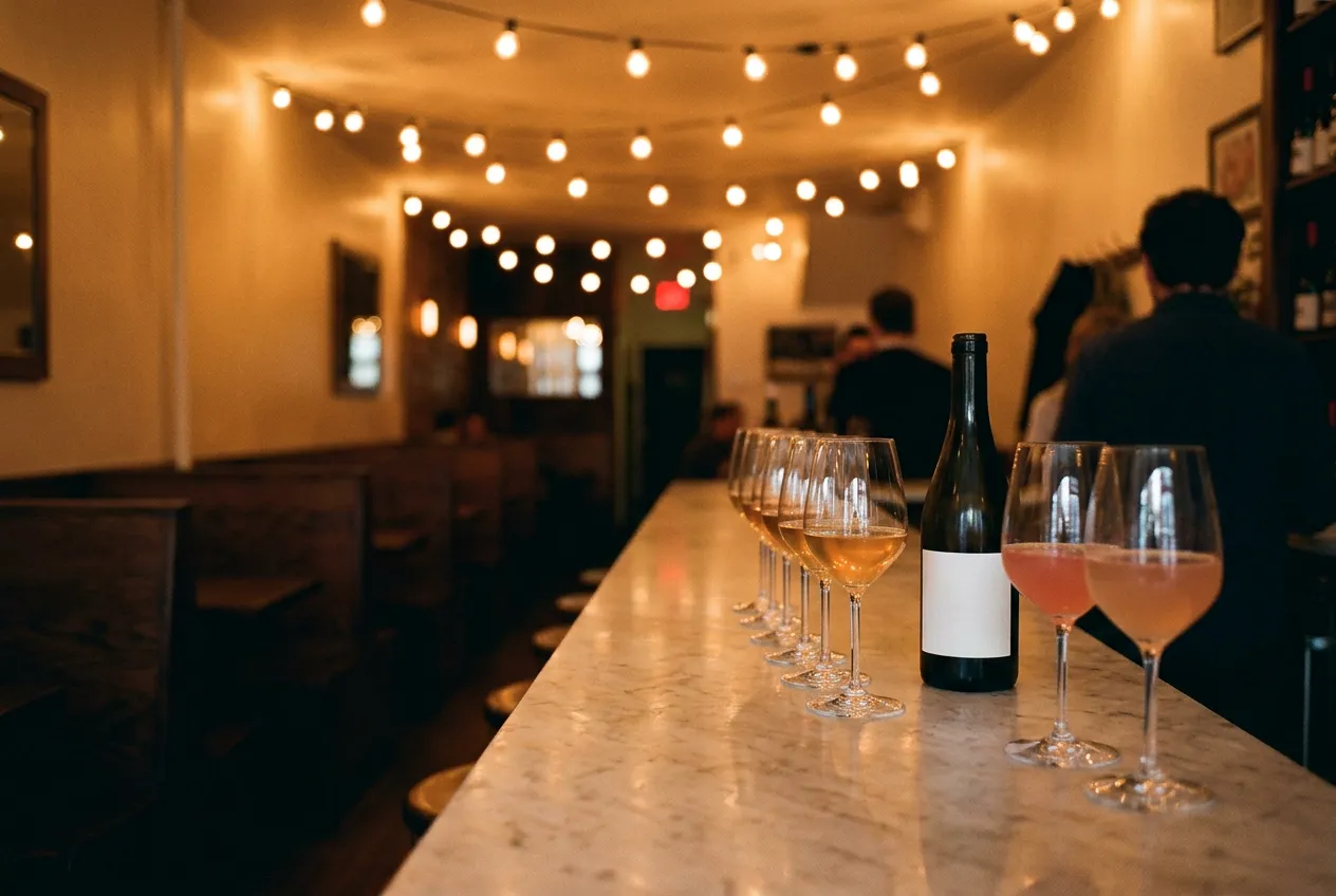 Close view of a long marble bar with glowing bulbs and glasses of skin-contact wine inside a narrow room.