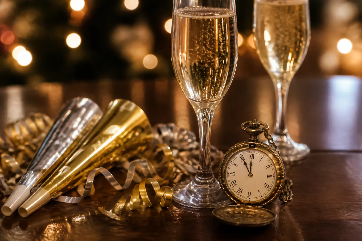 Two champagne glasses and silver party favors arranged on a dark wooden table for a New Year's Eve celebration.