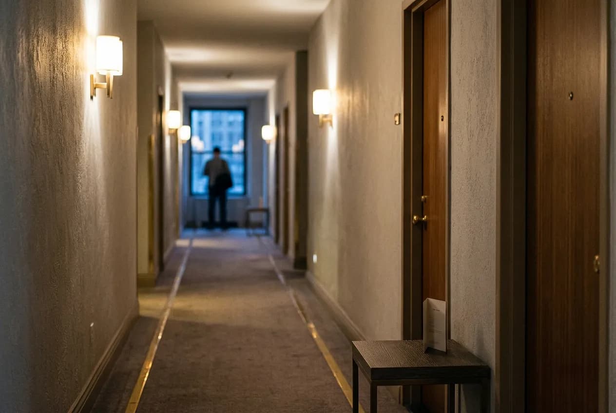 A narrow Midtown hotel corridor with a plain unmarked door under warm evening light
