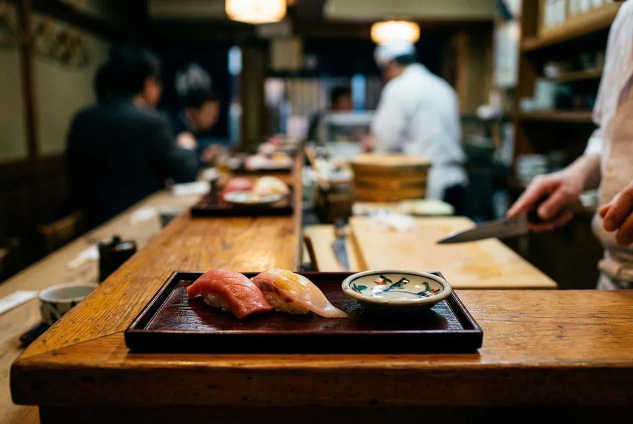 Close-up of a sushi counter set with small ceramic plates and chopstick rests before service