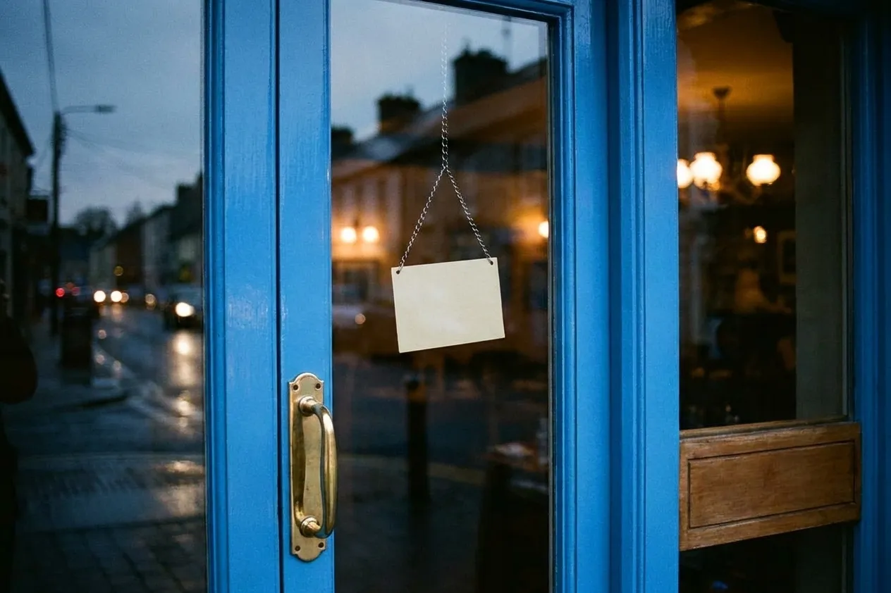 A restaurant's glass door at dusk with a small blank hanging card on a chain inside the glass and reflections of the street across the pane