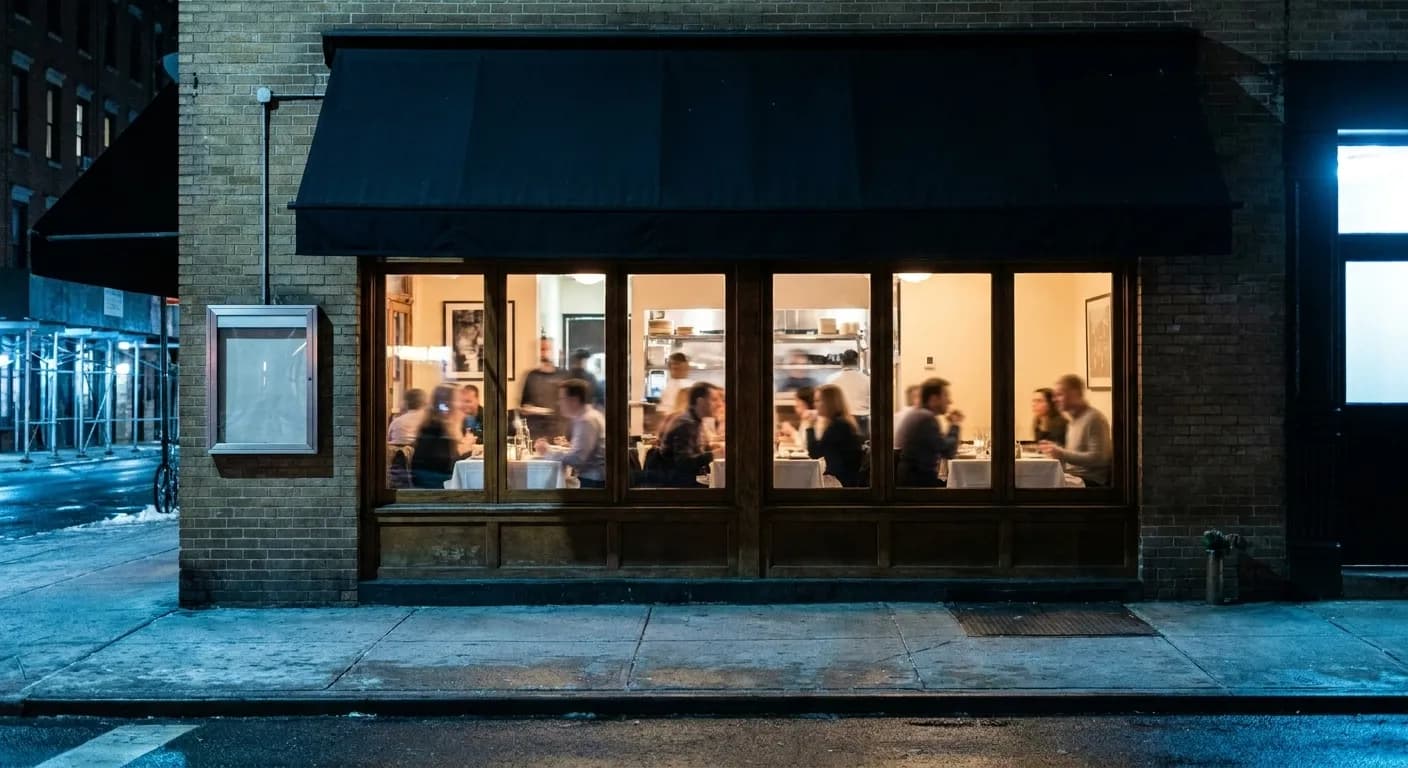 A New York restaurant seen from the pavement at night with warm interior glow through a large window and a blank unlettered awning above