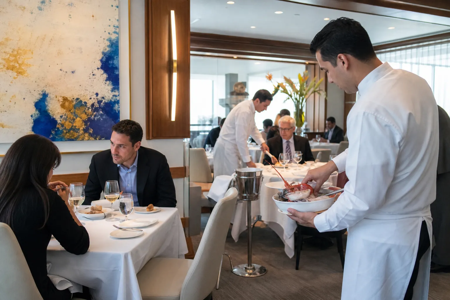 Elegant dining room at Le Bernardin in NYC with white tablecloths and modern blue wall art