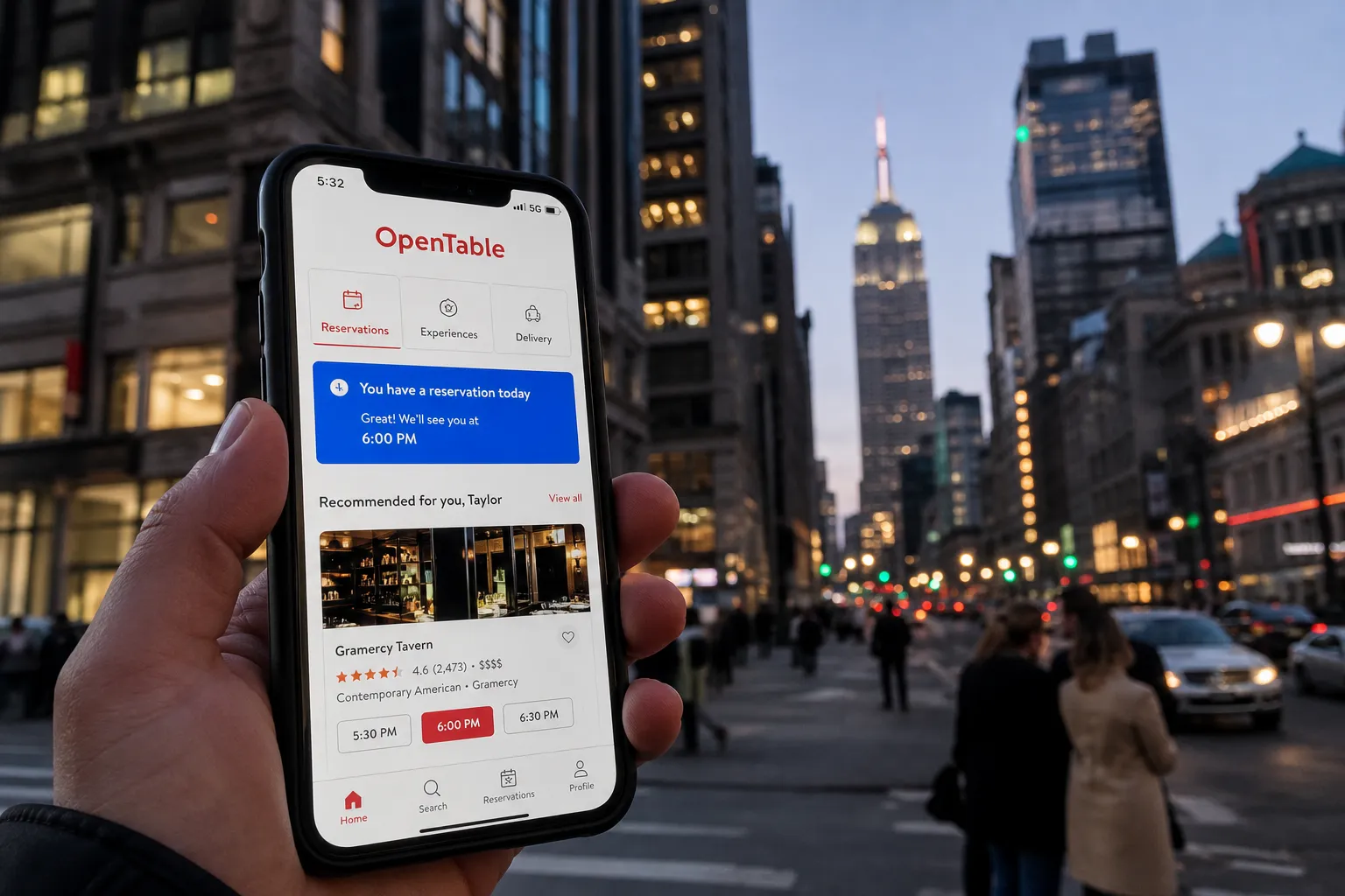 Smartphone screen displaying an OpenTable booking notification on a busy NYC street at sunset