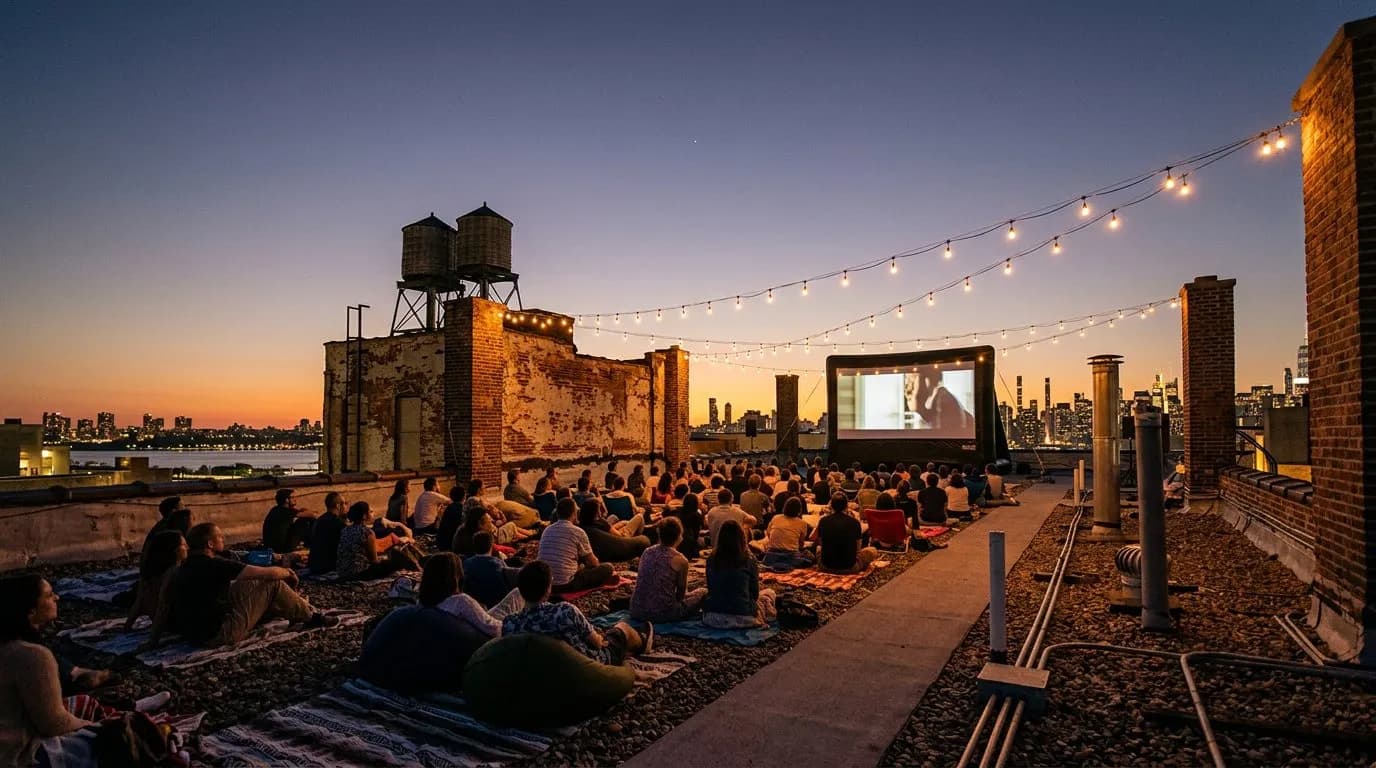 Wide view of a Brooklyn rooftop crowd watching an outdoor film screening at dusk
