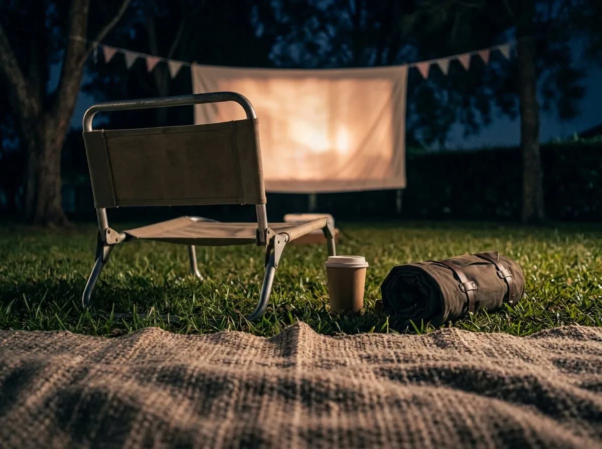 Close view of a picnic blanket and folding chair on grass at an outdoor screening