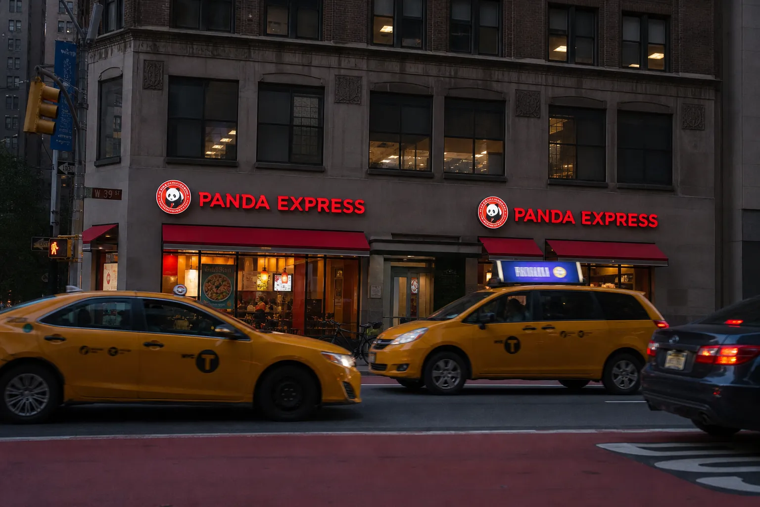 A wide-angle exterior view of a Midtown Manhattan street corner with pedestrians walking past a bright Panda Express restaurant facade under towering skyscrapers.