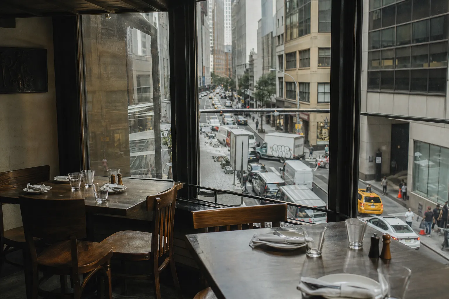 View from the second-floor seating area looking down at the busy Eighth Avenue street.