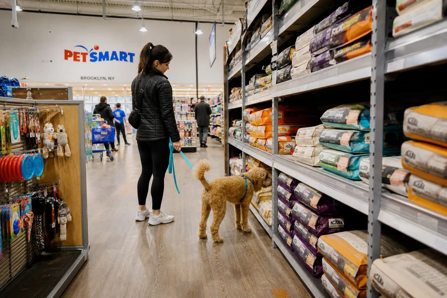 A bright pet store aisle in Brooklyn stocked with dog supplies and premium food brands
