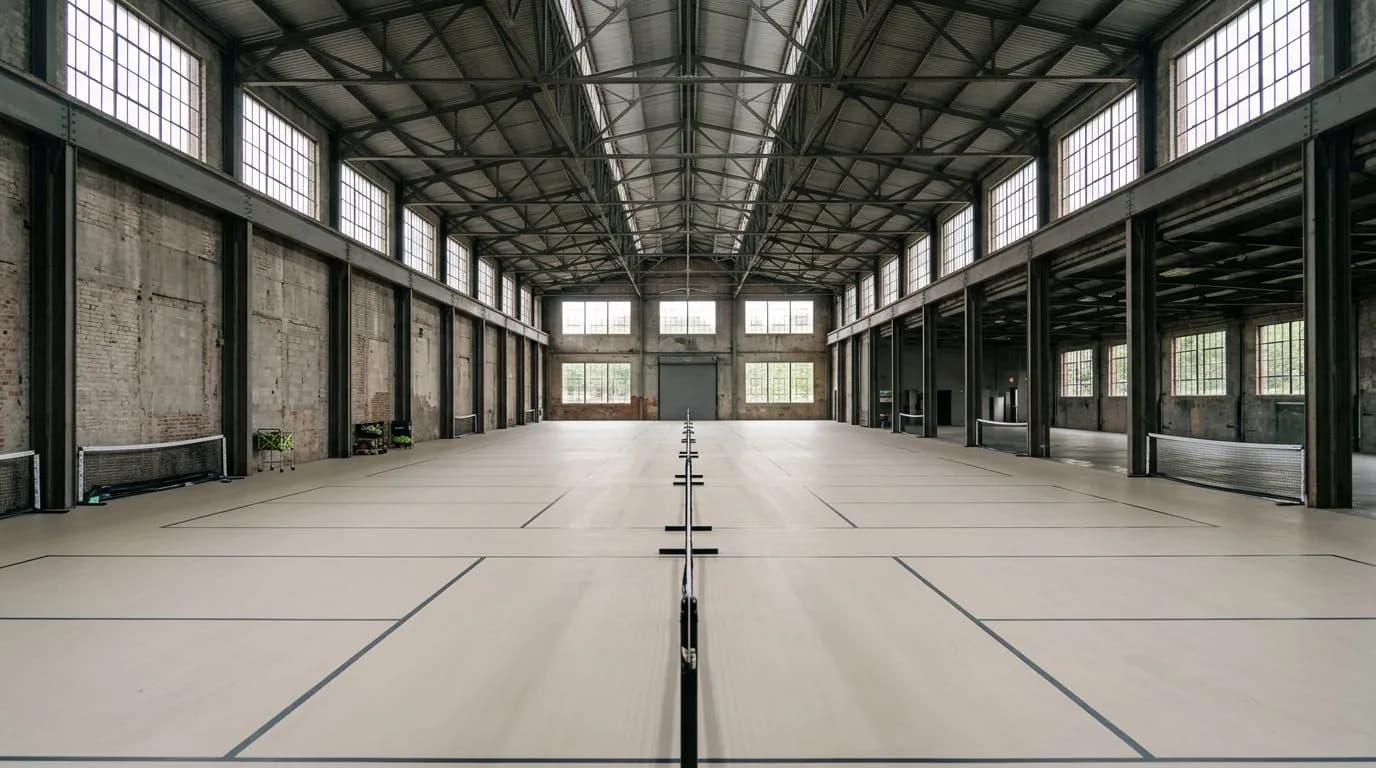 Empty indoor pickleball courts inside a light-filled Brooklyn warehouse