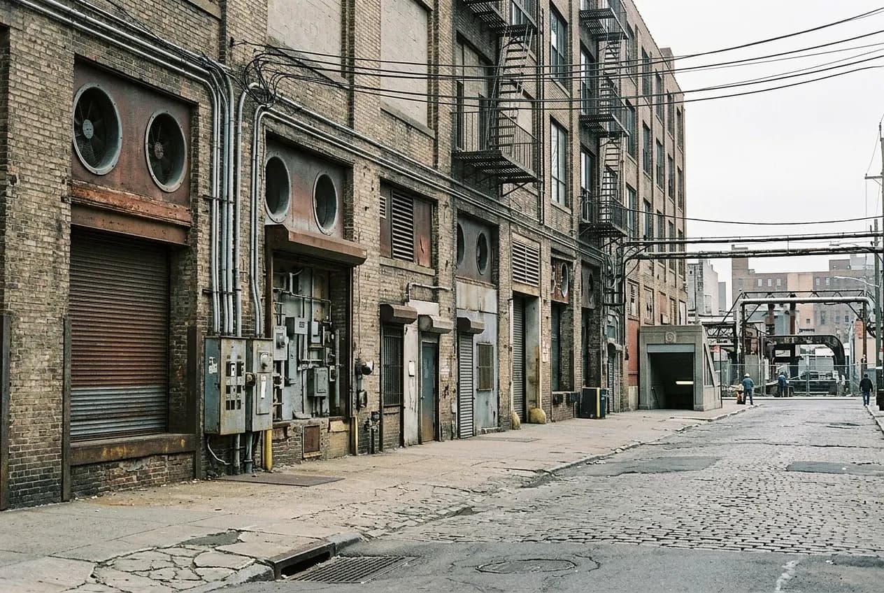 Industrial brick warehouse block in Gowanus, Brooklyn, near a subway entrance and canal-side street.