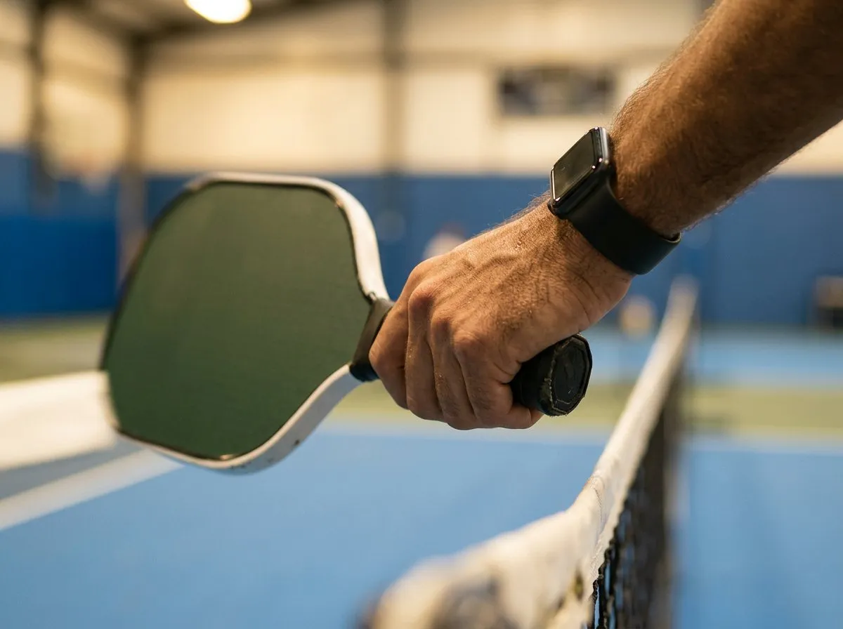 Close-up of a player's hand gripping a pickleball paddle near the net