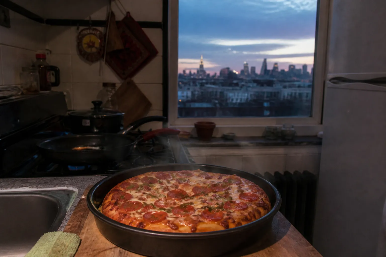 A fresh pan pizza inside a Queens apartment with the city skyline visible through the window.
