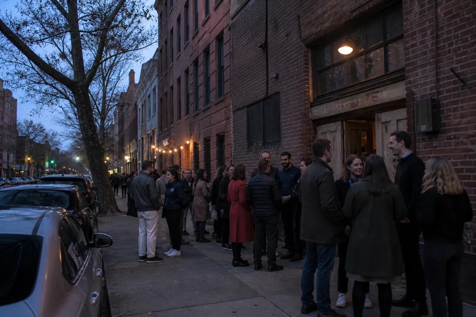 A wide shot of a classic Brooklyn street corner at dusk, showing patrons waiting outside a historic brick-faced pizzeria under warm streetlights.