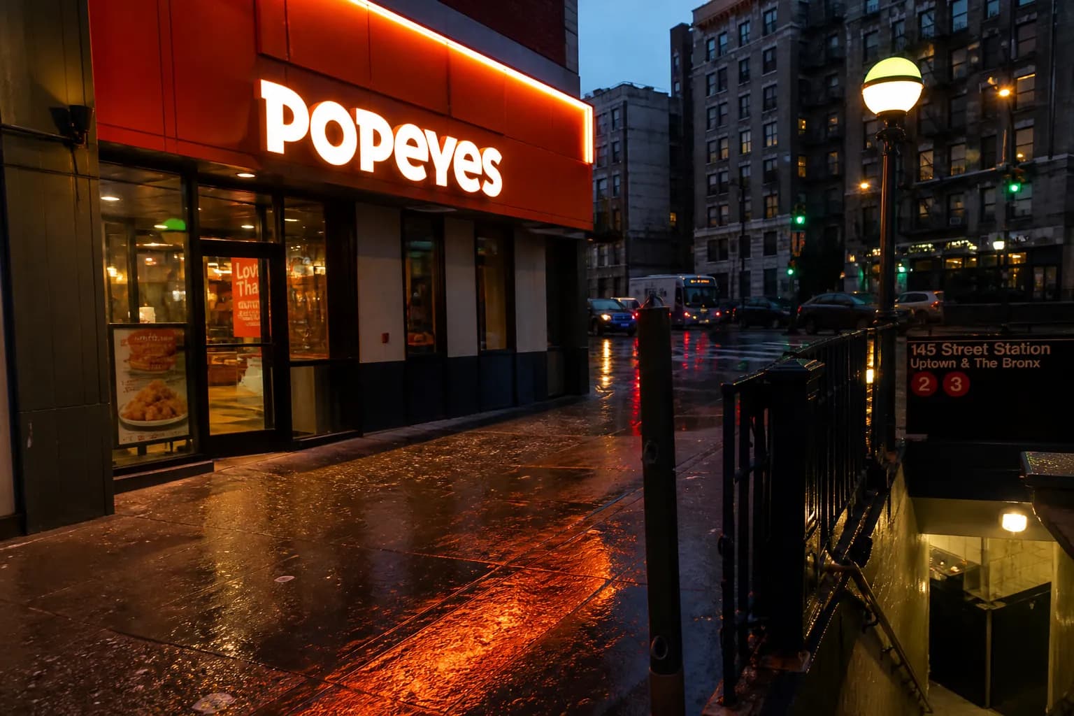 A glowing orange Popeyes storefront near the 145th Street subway station in Harlem at night.