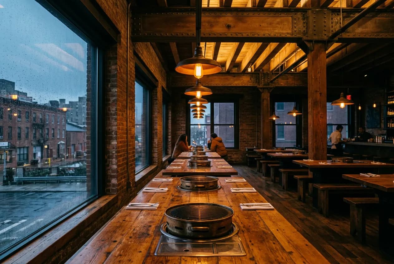 Warm wood-clad communal dining room with built-in tabletop grills inside a Gowanus Korean BBQ restaurant