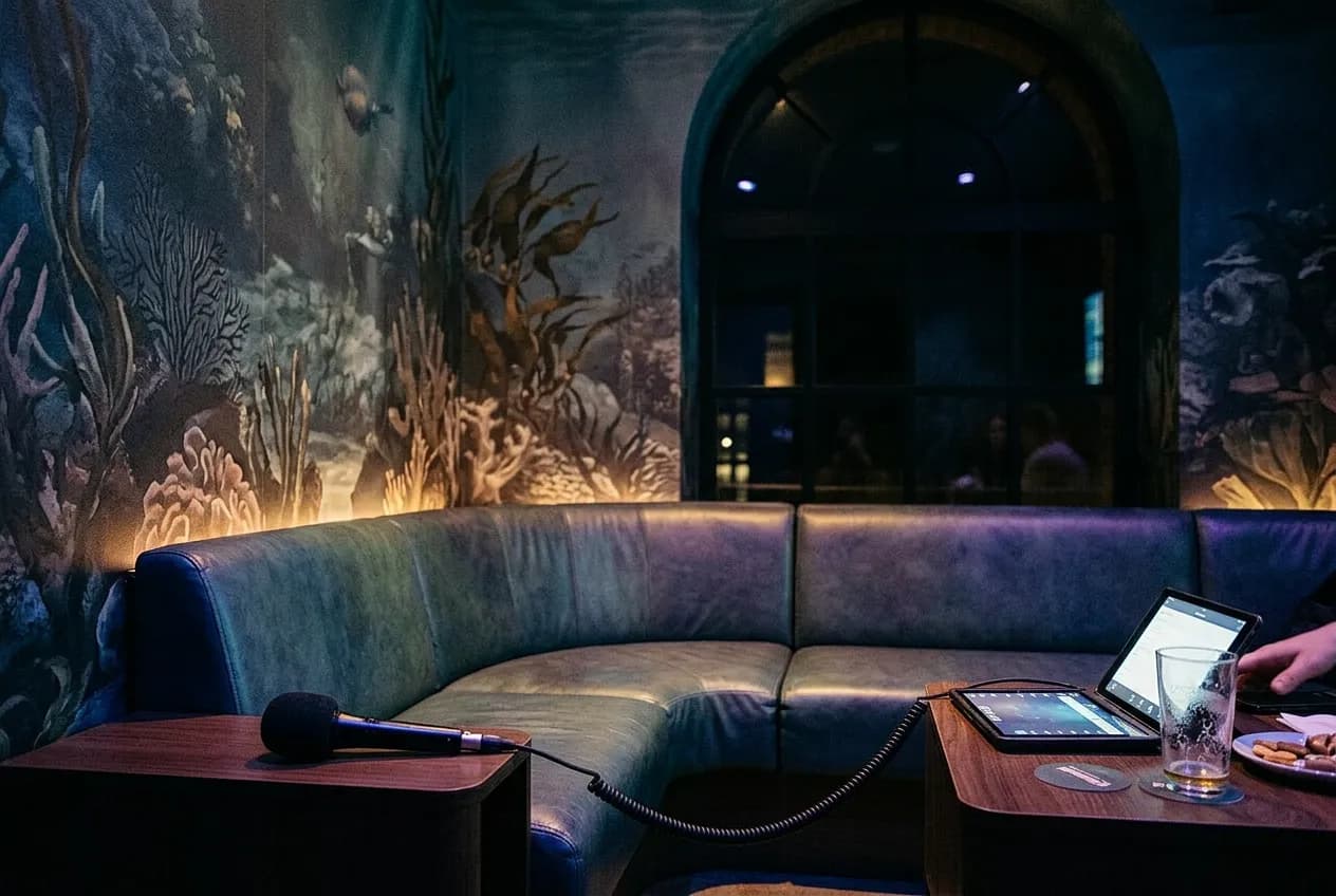 Close-up of a dim, mural-walled private karaoke room with a banquette and microphone