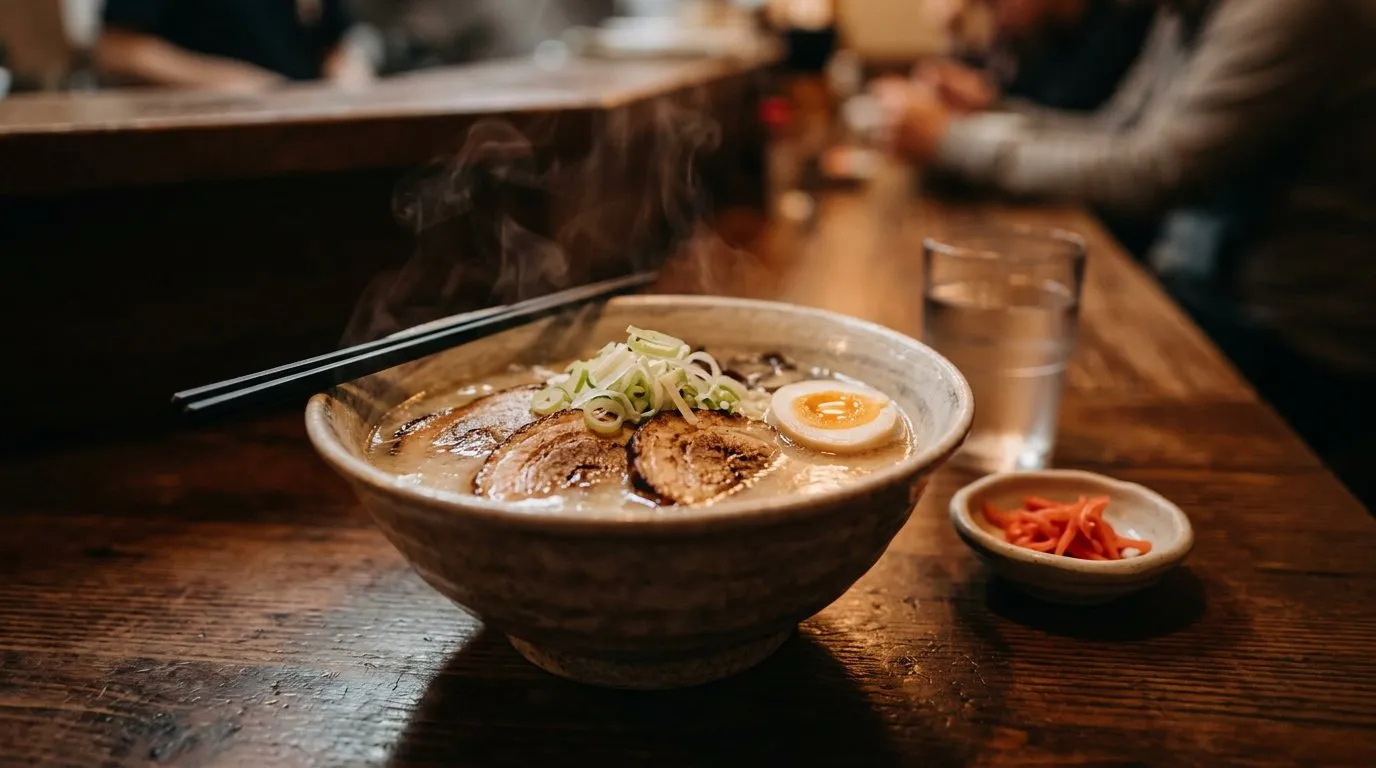 Bowl of tonkotsu ramen with egg and pork buns on a dark restaurant table
