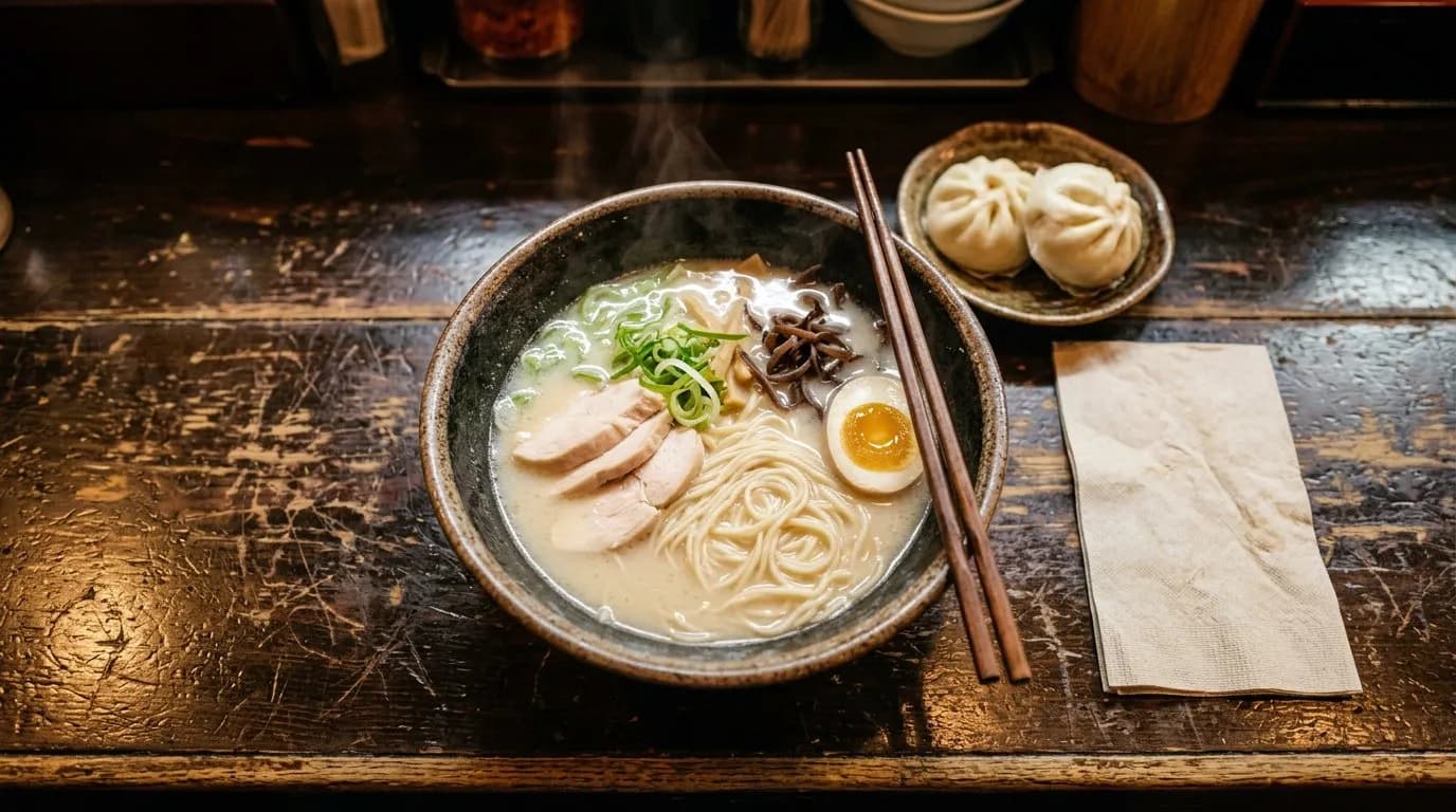 Bowl of chicken paitan ramen with chashu, egg, and nori on a wooden counter