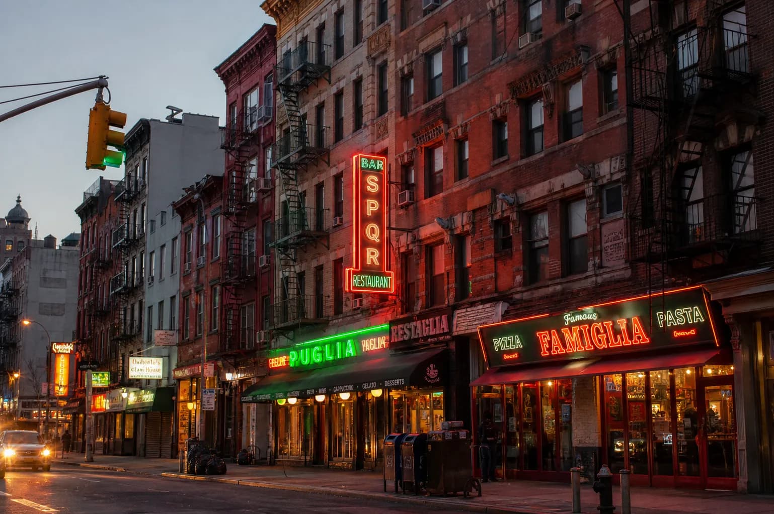 A classic Lower East Side street corner in New York City with brick tenement buildings and glowing restaurant signage at dusk.