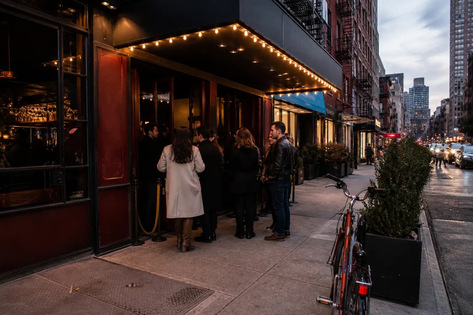 Patrons waiting outside a trendy restaurant entrance on Delancey Street in New York City.