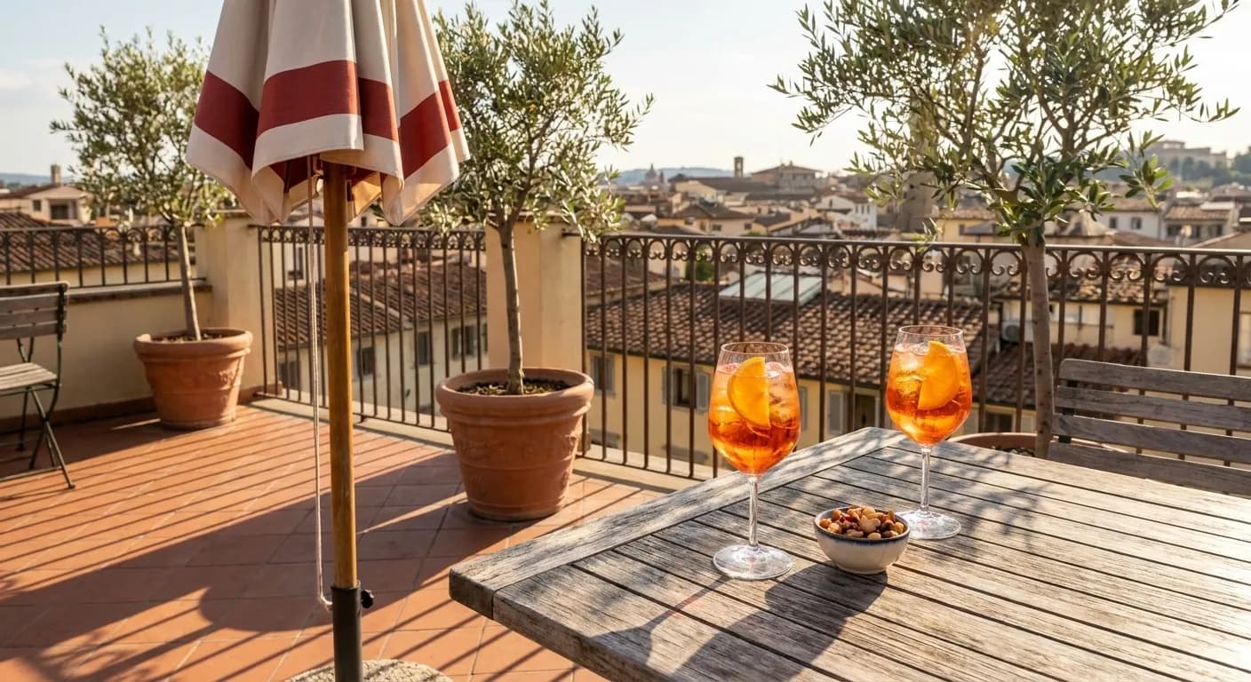 A rooftop terrace table with two spritz cocktails and a bowl of nuts beside potted olive trees and a striped umbrella above city rooftops