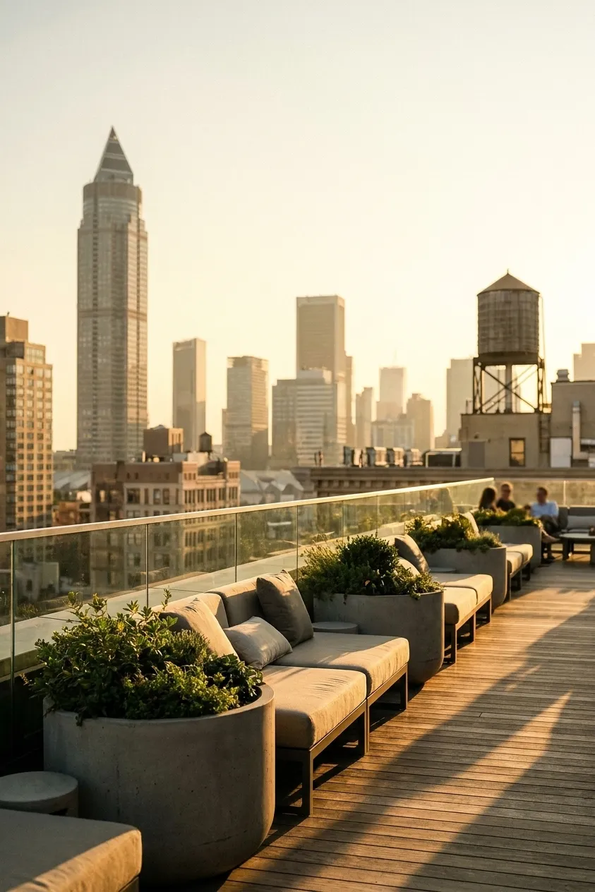 A Manhattan rooftop bar at golden hour with low modular seating and planters along a glass parapet and the skyline receding in warm haze